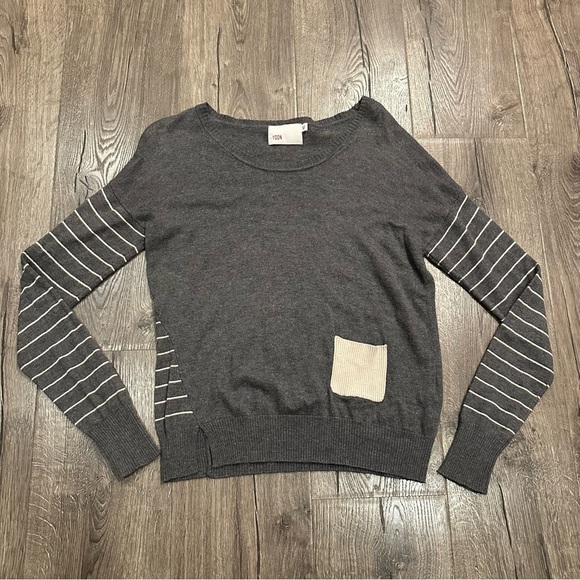 Anthropologie YOON Sweater M Gray Striped Dropped Sleeves Wool Blend Minimalist - Picture 9 of 11